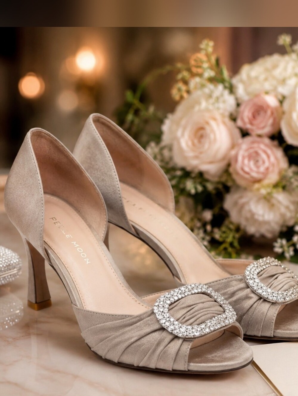 Pelle Moda Huxley Pumps Size 9.5 Dark Taupe Crystal Buckle Peep Toe NWT - Picture 4 of 16